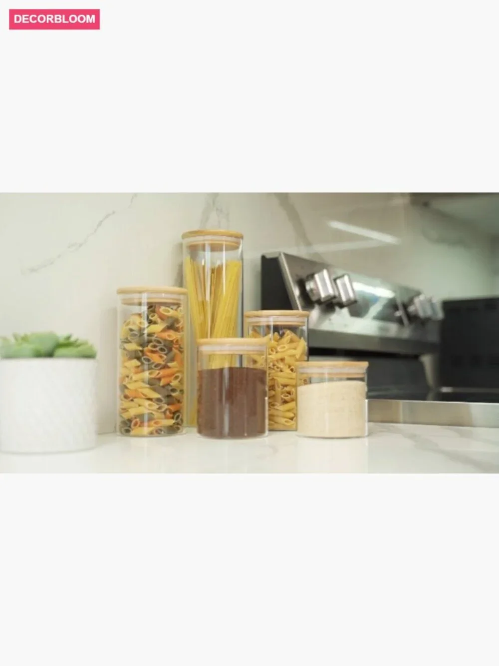 Set of 5 Glass Kitchen Canisters with Airtight Bamboo Lids